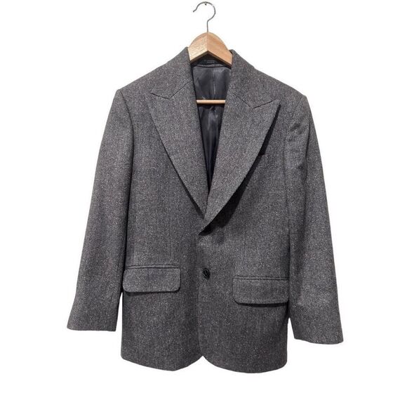 Studio Suits Handcrafted Gray Twead Wool Blend Blazer Silk Hankerchief Size 38 - Picture 1 of 14